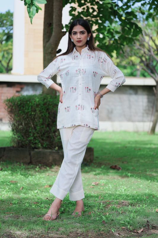 Flower Embroidery Linen Co-ord Set