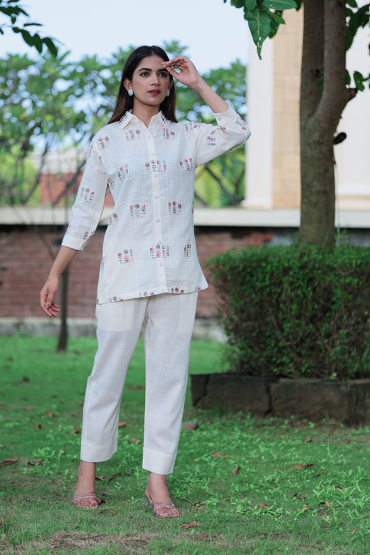 Flower Embroidery Linen Co-ord Set