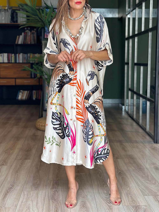 Elegant Flamingo Printed Kaftan Dress