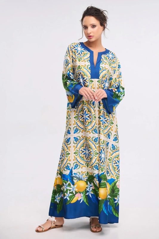 Blue Mediterranean Tile Print Roman Silk Blend Kaftan