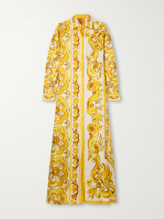 Golden Baroque Print Roman Silk Blend Maxi