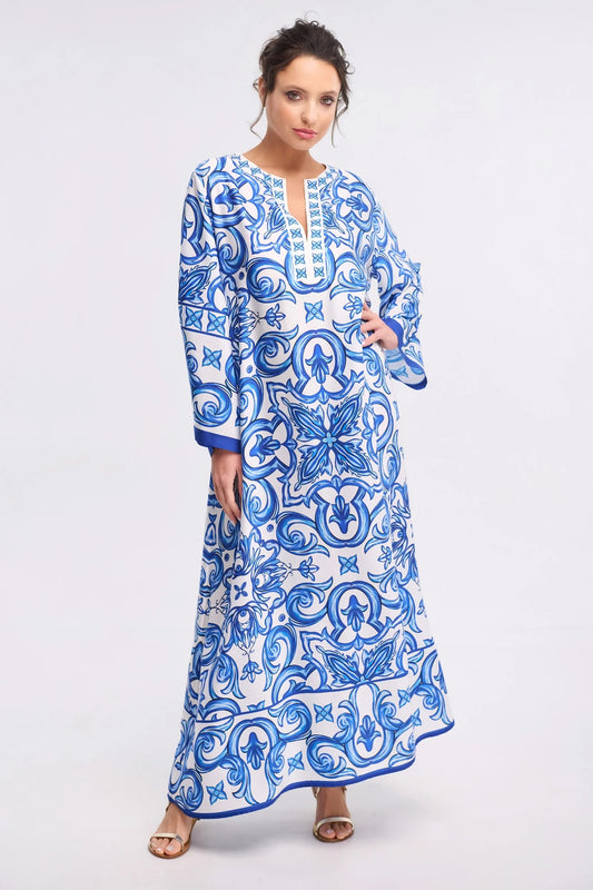 Mediterranean Tile Print Roman Silk Blend Kaftan (Available in Blue & Red)