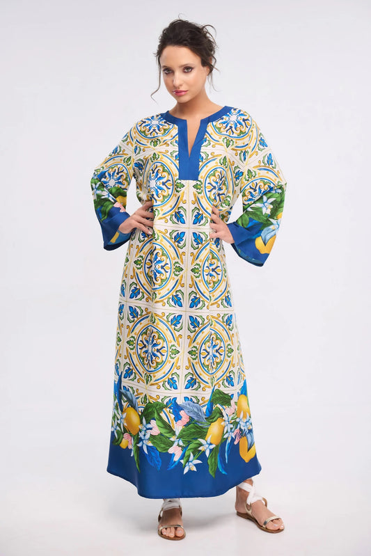 Blue Mediterranean Tile Print Roman Silk Blend Kaftan