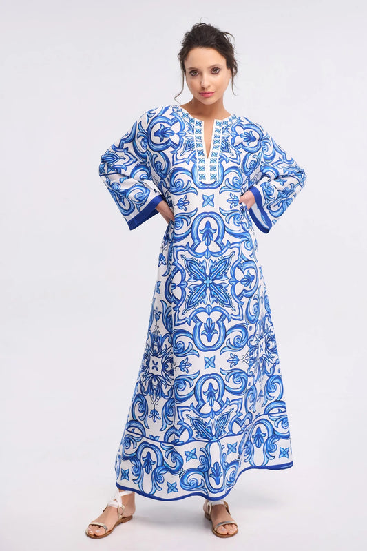 Mediterranean Tile Print Roman Silk Blend Kaftan (Available in Blue & Red)