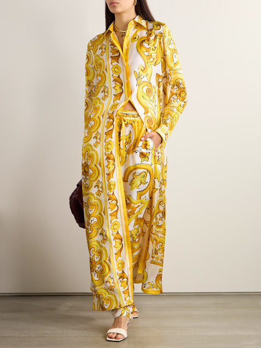 Golden Baroque Print Roman Silk Blend Maxi