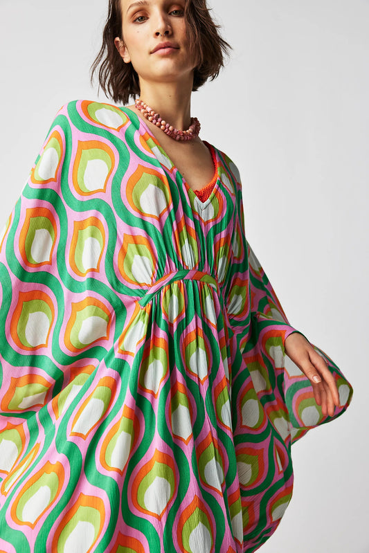 Flowing Grace: Printed Wide Sleeve Kaftan Dress