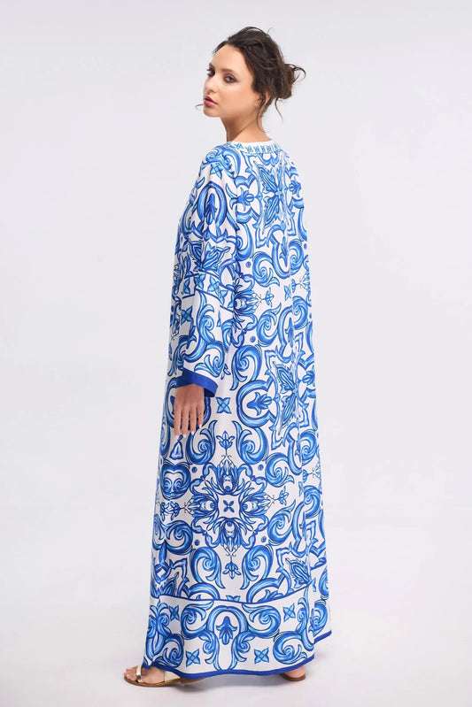 Mediterranean Tile Print Roman Silk Blend Kaftan (Available in Blue & Red)