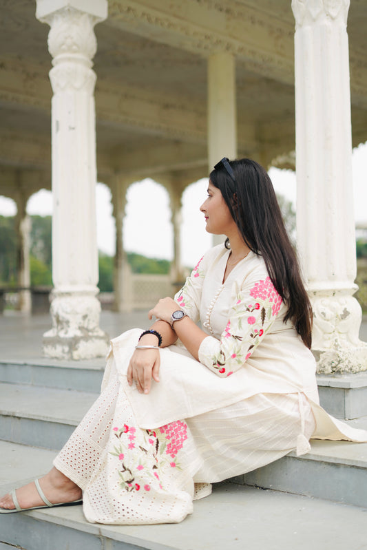 Ivory Embroidered Hakoba Cotton Kurta & Palazzo Set