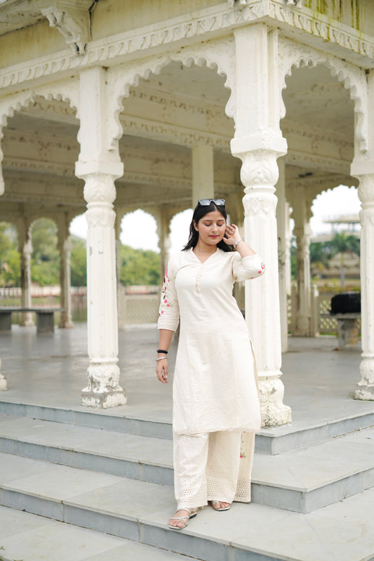 Ivory Embroidered Hakoba Cotton Kurta & Palazzo Set